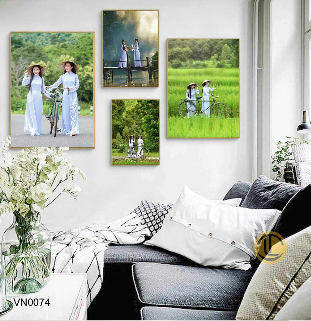 Tranh Phong Cảnh Việt Nam - VN0074-(1) Bộ Tranh Trang Trí Quán Cafe Những Cô Gái Áo Dài - VN0074