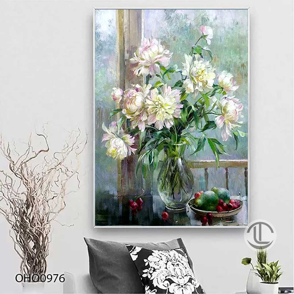 Tranh Sơn Dầu Hoa - OHO0-(976) Tranh Sơn Dầu Vẽ Tay Hiện Đại Bình Hoa Nghệ Thuật - OHO0976